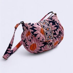 Vera Bradley pink, navy & orange saddle bag w adjustable strap & metal details